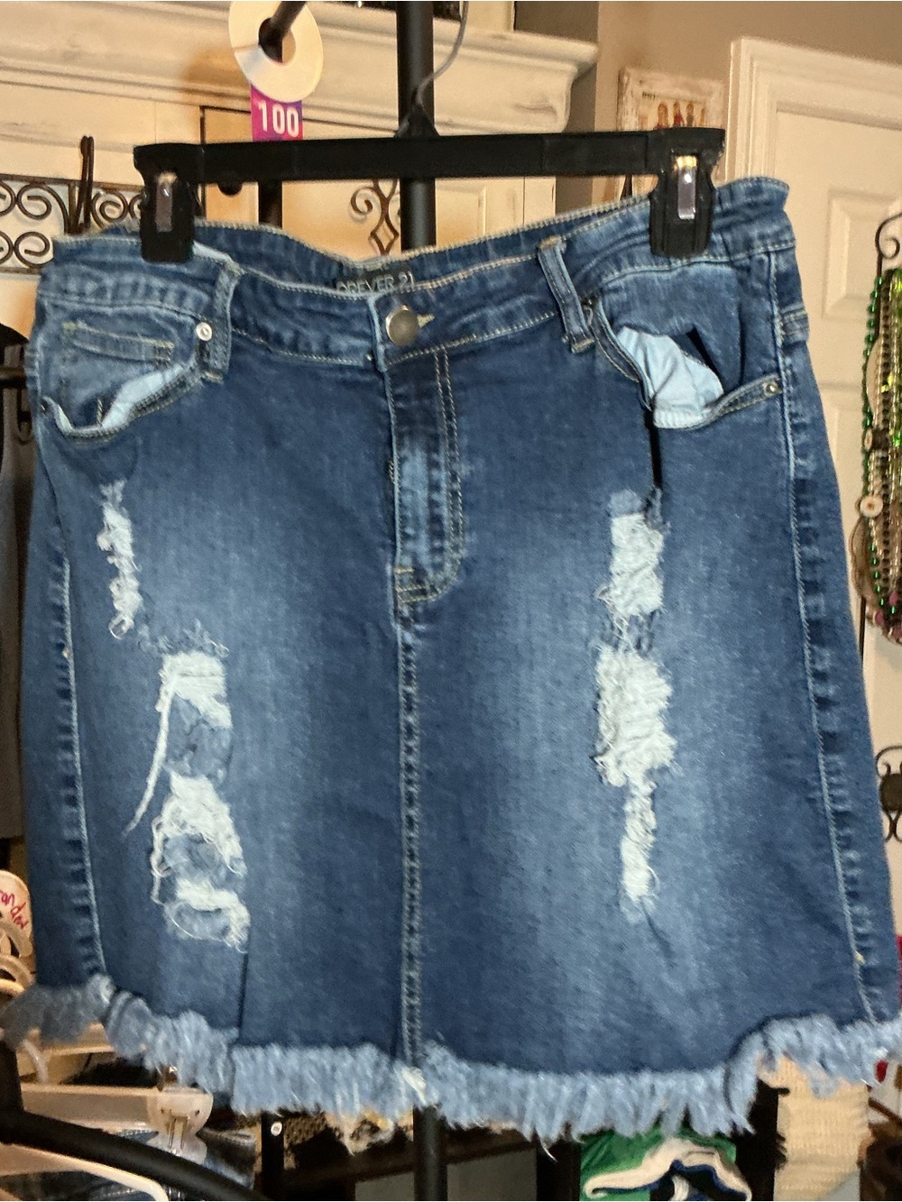 Forever 21 Dark Blue Distressed Denim Mini Skirt